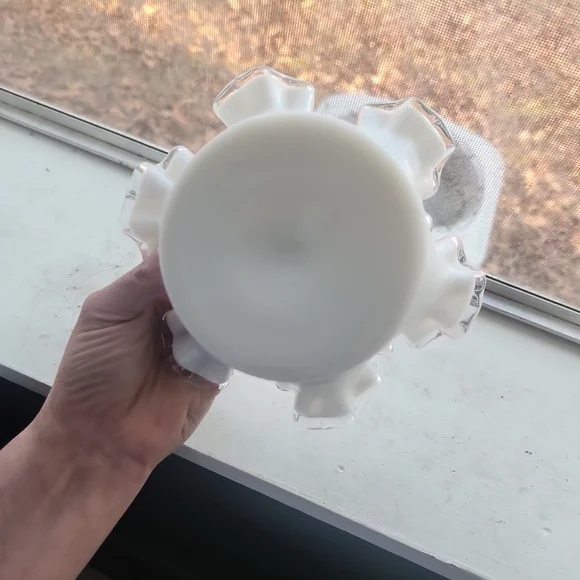 Fenton White Ruffled Glass Art Bowl - Picture 3 of 5